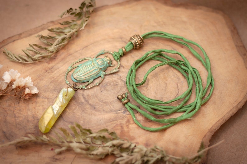 Vintage Necklace Beetle Necklace Boho Pendant Bohemian Necklace Aura quartz pendant Quartz necklace bug jewellery Egyptian Necklace