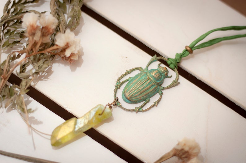 Vintage Necklace Beetle Necklace Boho Pendant Bohemian Necklace Aura quartz pendant Quartz necklace bug jewellery Egyptian Necklace