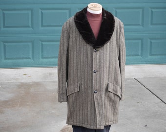 Vintage Mens Carcoat (Winter Coat) by Gordon and Ferguson, Size 46L, Gray Herringbone, Nice!