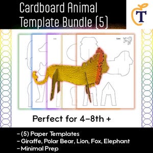 May include: A cardboard animal template bundle featuring five paper sheets with outlines for a giraffe, polar bear, lion, fox, and elephant. A three-dimensional gold-colored cardboard lion model stands in front of the printed white templates.