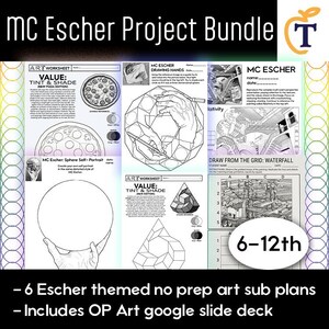 May include: A collection of six art worksheets titled MC Escher Project Bundle, featuring black and white line drawings, perspective exercises, and grid drawing tasks. The pages include instructions for shading, drawing hands, and replicating complex architectural scenes.