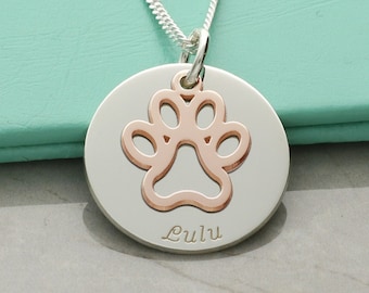 Layered Rose Gold Plated Paw Print with Pet Name Disc Pendant, Optional Necklace Chain, Dog or Cat Lover Gift, Pet Memorial Pendant