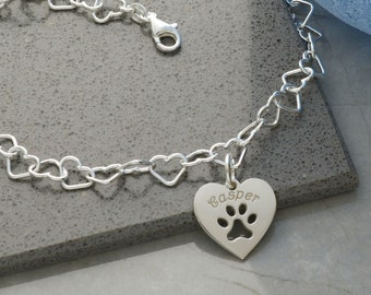 Silver Personalised Paw Print & Pet Name heart Charm with Optional Anklet or Bracelet, Dog or Cat Lover Gift, Pet Memorial Keepsake Gift,