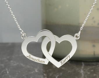 Custom Engraved Silver Hearts Necklace,  2 Love Hearts Pendant Personalised with Names or Dates - Valentines Day Gift for Girlfriend, Wife