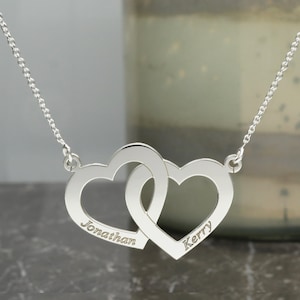 Personalised Valentines Silver Hearts Necklace,  2 Horizontal Love Hearts Pendant Engraved with Names or Dates, Gift for Girlfriend Her Wife