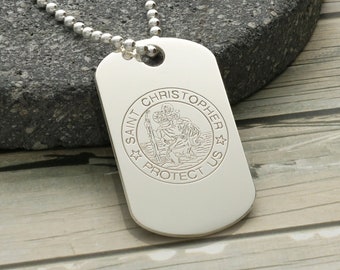 Sterling Silver St Christopher Tag Pendant with Personalised Engraving & Chain option, Dog Tag Style Engraved Saint Christopher