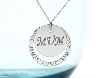 Silver Personalised Mum or Mom Pendant with Family Names or Words, Mother's Day Necklace Idea, Up to 5 inscribed Names