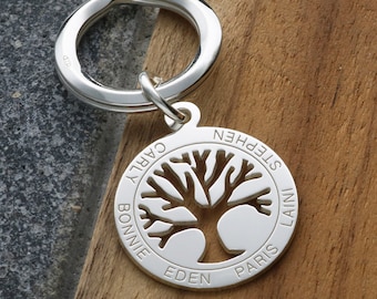 Silver Tree of Life Keyring with Personalised Names - Sterling Silver Keychain - Key Fob - Key Ring  - Back Engraving Option