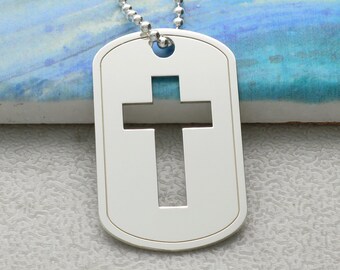 Silver Cut Out Cross Dog Tag Pendant With Bead Ball Chain Option