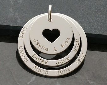 Sterling Silver Family Name Necklace or Pendant - Cut Out Heart 3 Rings Pendant Disc - Personalised Mums Gift with Chain Option