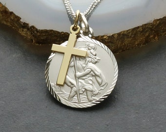 St Christopher Sterling Silver with 9ct Gold Cross Pendant, 20mm Diamond Cut - Chain Option - Personalised Custom Engraving Available