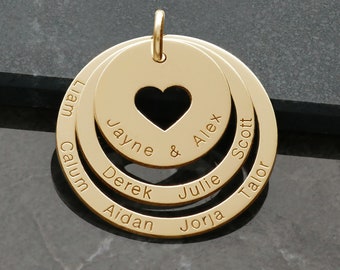 Names on Heart Disc & Rings Family Pendant, 9ct Gold Plated on 925 Silver Gift for Mum, Necklace Chain Options