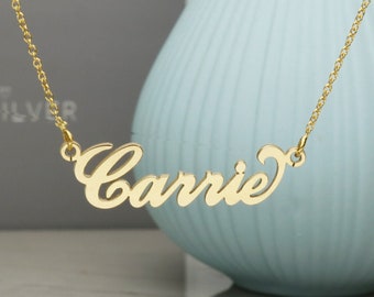 9ct Gold Name on a Chain Necklace - ANY Name Plate made to 10 Letters, Carrie Style with Curl Personalised Pendant, Chain Options