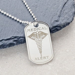 Sterling Silver Medical Alert Pendant or Necklace - Medic Symbol Dog Tag with Personalised Medical Details & Chain Option