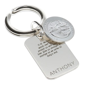Silver St Michael Keyring Patron Saint of Police Officers & Military Personnel with Prayer + Personalised Name - Keychain Gift for Him Her