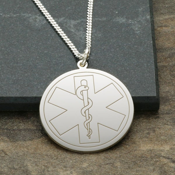 Sterling Silver Medical Alert Round Pendant with Medic Cross and Snake Symbol, Personalised Engraving Included, Necklace Chain Option