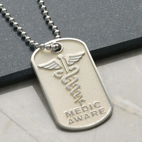 Sterling Silver Medic Aware Embossed Medical Alert Tag Pendant or Necklace, Personalised Engraved Medical Information, Chain Option