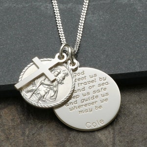 Sterling Silver St Christopher with Traveller&#39;s Prayer Disc & Cross, Personalised Saint Christopher Medal Layered Pendants + Chain Option
