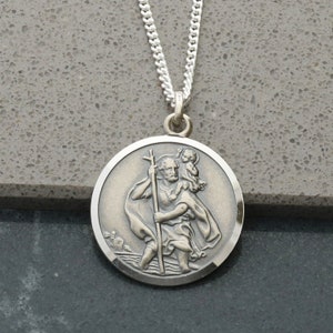 Antique Finish Sterling Silver Round St Christopher Pendant 14mm Size Diameter -  Silver Necklace Chain & Engraving Option