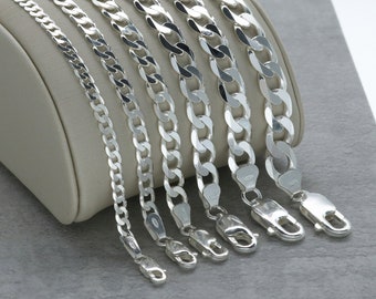 Solid 925 Sterling Silver Curb Chain Necklace, Flat Open Link Diamond Cut Curb, Widths 3.2mm 4.2mm 5.2mm 6mm 6.8mm 7.2mm - Various Lengths