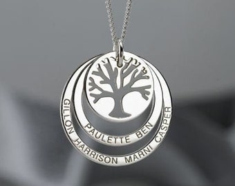 Silver Personalised Family Tree of Life Necklace or Pendant with Engraved Name Rings - Gift for Wife Mother Mom Mum Women Her