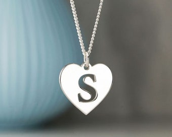 Sterling Silver Initial Heart Pendant with Optional Necklace Chain, Personalised Cut Out Initial Gift for Women