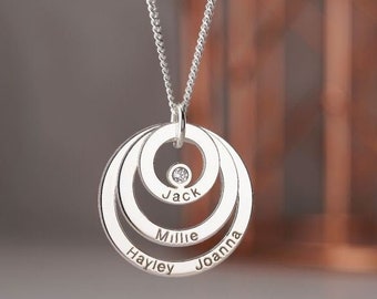 Silver Triple Circles with Names Necklace or Pendant - Personalised with Crystal - 3 4 5 or 6 Names on Rings - Gift Idea for Mum, Mom, Her