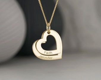 9ct Gold Two Hearts Pendant Personalised with Names - 2 Heart Rings Pendant with Optional Chain Necklace -  Ideal Christmas Gift for Her