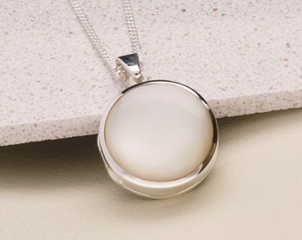 Silver Personalised Round Picture Locket with White Mother of Pearl Inlay  - Optional Chain - Engraved Photo Locket Necklace or Pendant