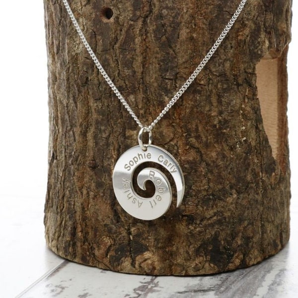 Silver Koru Necklace or Pendant Personalised with 1 2 3 4 Names or Words  - Spiral Maori Pendant - Unique gift for her