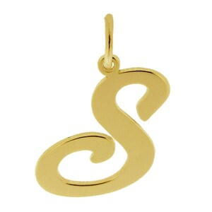 May include: A gold-colored pendant charm in the shape of the letter S. The letter is stylized with a decorative flourish.
