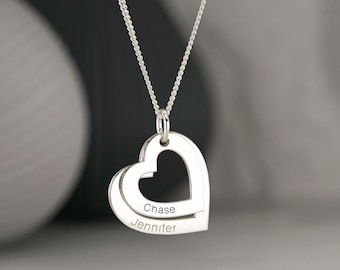 Personalised Silver Two Hanging Hearts with Names Necklace,  2 Silver Engraved Hearts Pendant, Christmas Gift for Her, Wife, Girlfriend, Mum
