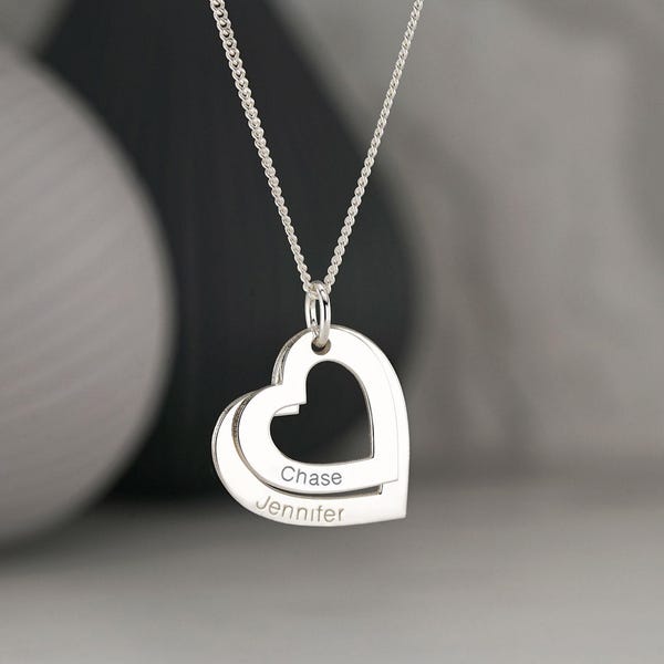 Personalised Silver Two Hanging Hearts with Names Necklace,  2 Silver Engraved Hearts Pendant, Christmas Gift for Her, Wife, Girlfriend, Mum