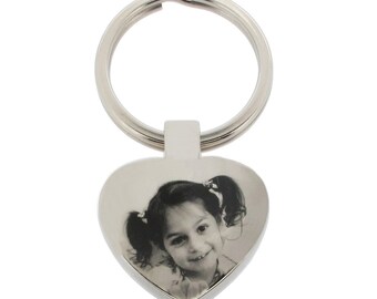 Photo Engraved Heart Keychain - Key ring - Key Fob - Mirror Polished Stainless Steel Personalised with Custom Engraving Back Option