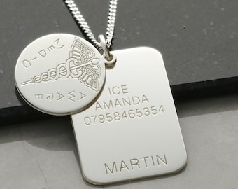 Opción de colgante o collar ICE de alerta médica de plata esterlina, personalizado en caso de joyería de información de atención médica de emergencia