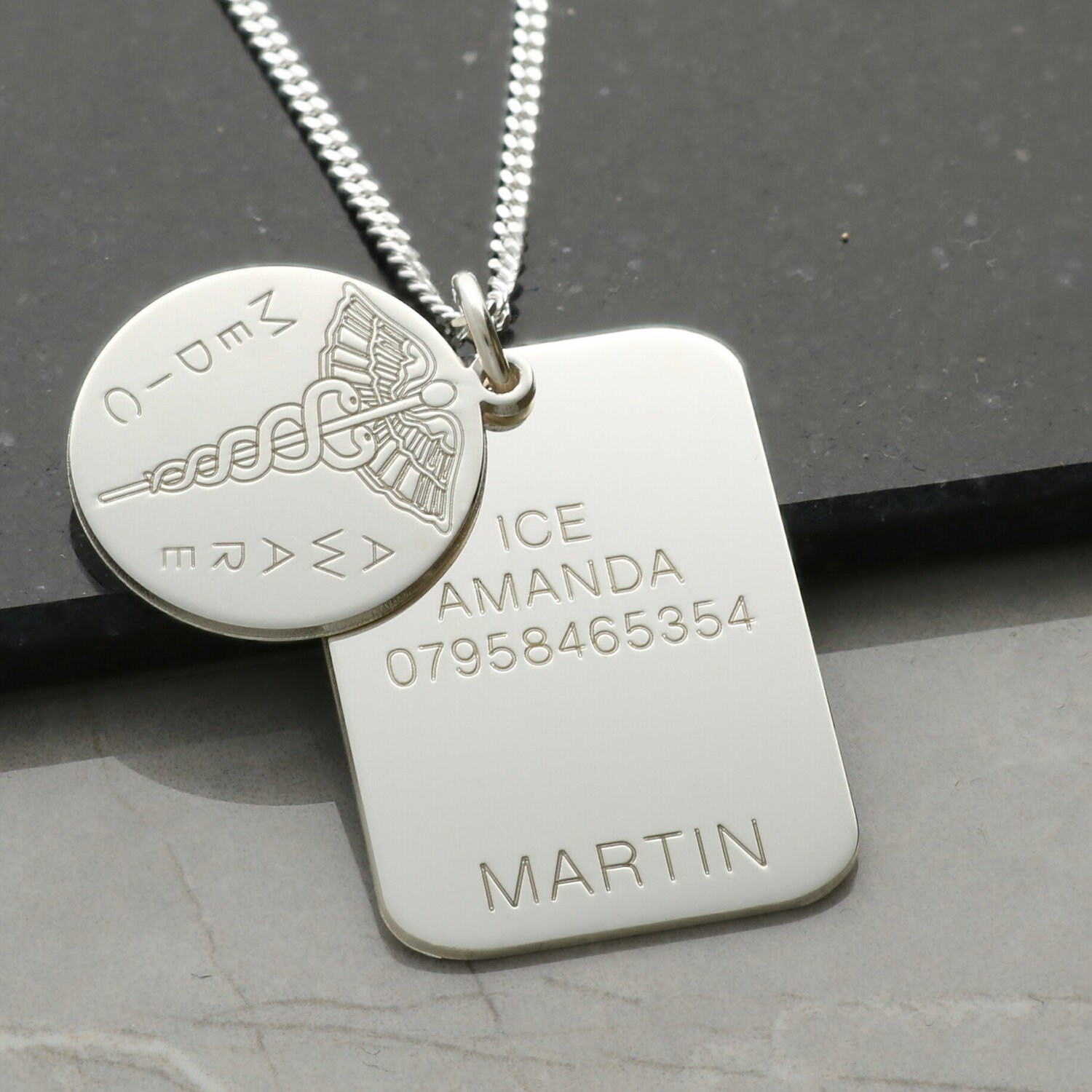 Sterling Silver Medic Aware Embossed Medical Alert Tag Pendant