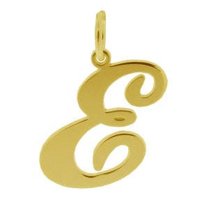 May include: A gold-colored pendant charm in the shape of the letter "E" with a cursive script font.