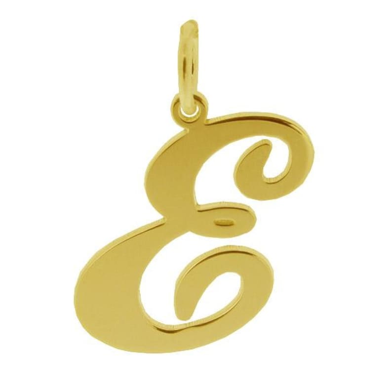 May include: A gold-colored pendant charm in the shape of the letter "E" with a cursive script font.