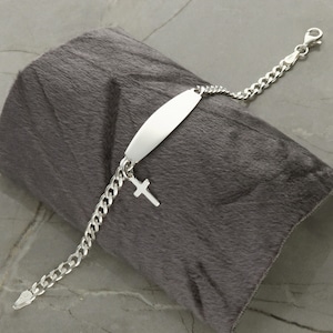 Sterling Silver Children&#39;s Identity ID Bracelet with Cross, Kids Bracelet with Personalised Option, Christening Gift for Girl Boy