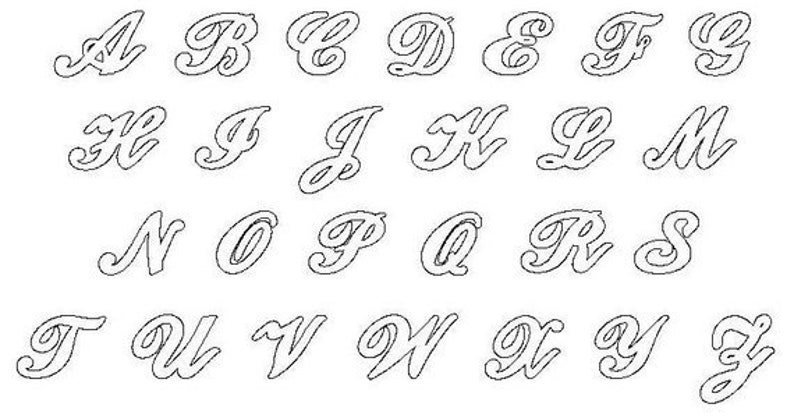 May include: A black and white image of the alphabet in a cursive font. Each letter is stylized with a unique flourish.