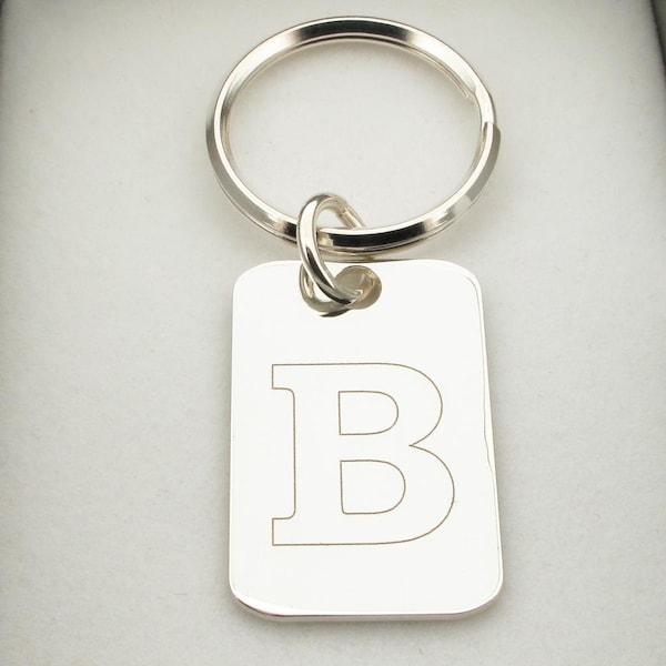 Solid Silver Initial Keyring - Keychain - Personalised Sterling Silver Key Ring - Custom Engraved Back Option - Gift Idea Fathers Day