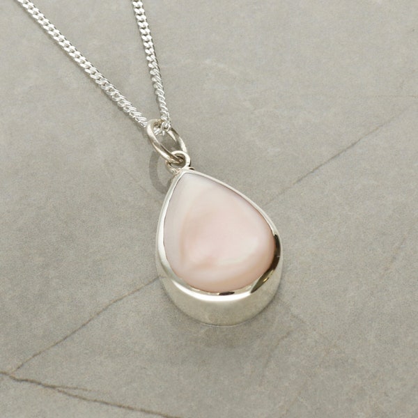 Silver Ashes Holder Teardrop Pendant or Necklace with Pink Pearlised Inlay - Cremation Pendant Urn inc. Engraving & Chain Option