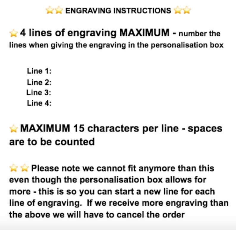 Puede incluir: Instrucciones de grabado para un producto. Se puede grabar un m&aacute;ximo de 4 l&iacute;neas de texto, con un m&aacute;ximo de 15 caracteres por l&iacute;nea, incluidos los espacios. El texto explica que la caja de personalizaci&oacute;n puede permitir m&aacute;s texto, pero el producto solo puede contener un m&aacute;ximo de 4 l&iacute;neas de texto. Si se proporciona m&aacute;s texto, el pedido se cancelar&aacute;.