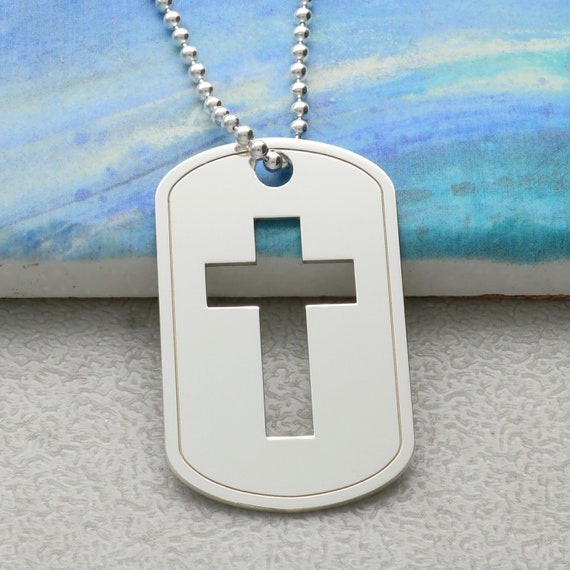 Silver Cut Out Cross Dog Tag Pendant With Bead Ball Chain Option