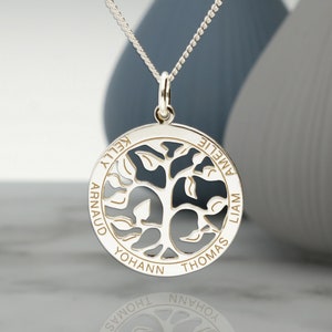 Silver Personalised Tree of Life Pendant or Necklace with Engraved Family Names or Words, Christmas Gift Idea for Mother, Mum image 1