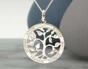 Silver Personalised Tree of Life Pendant or Necklace with Engraved Family Names or Words, Christmas Gift Idea for Mother, Mum