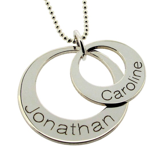 Silver Two Rings Necklace With Two Engraved Names Double Disc 