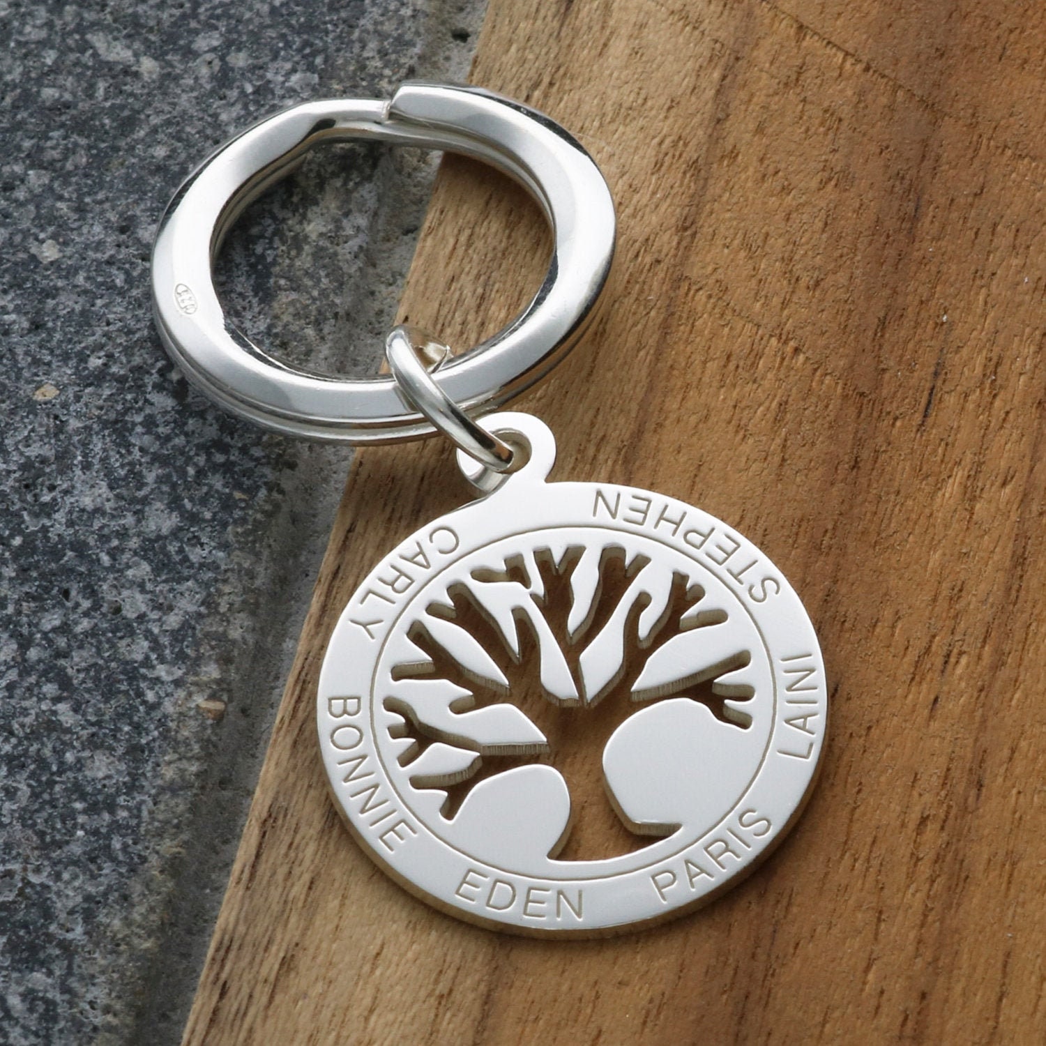 Silver Tree of Life Keyring With Personalised Names Sterling 