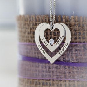 Silver Double Heart Personalised Family Pendant with Crystal & Optional Chain -  Gift for Mother, Wife, Her  Engraved Hearts Pendant