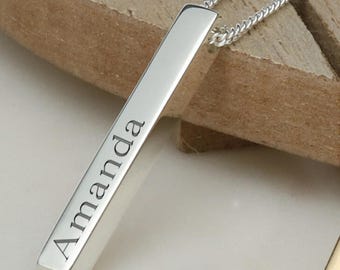 Solid Silver Name Bar Necklace Personalised with 1, 2, 3, or 4 Names, Engraved Long Bar Post Pendant, Vertical drop Pendant